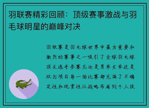 羽联赛精彩回顾：顶级赛事激战与羽毛球明星的巅峰对决