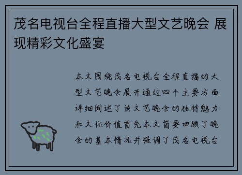 茂名电视台全程直播大型文艺晚会 展现精彩文化盛宴