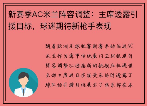 新赛季AC米兰阵容调整：主席透露引援目标，球迷期待新枪手表现